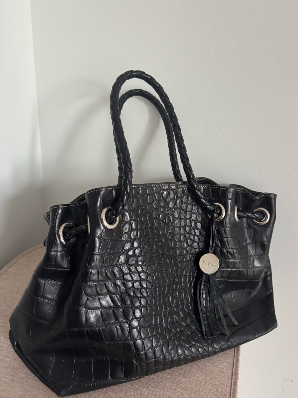 Furla Black Croc-Embossed Shoulder Tote with Braided Handles
